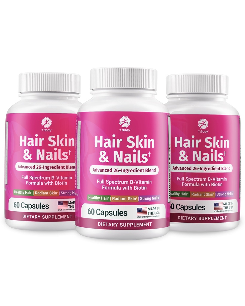 1 Body Hair Skin Nails Biotin ile Kompleksi - Erkekler ve Kadınlar için 26 Temel Vitaminle Tam Formula - 3 Pack