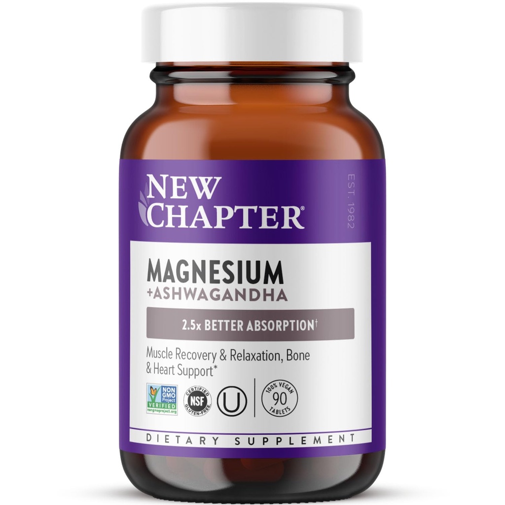 Yeni Bölüm Magnezyum + Ashwagandha Supplement, 325 mg ile Magnezyum Glycinate for Muscle Relaxation & Recovery, Heart, Nerve & Bone Health, 2.5X Abors, Non-GMO - 90 ct (3 Ay Supply)