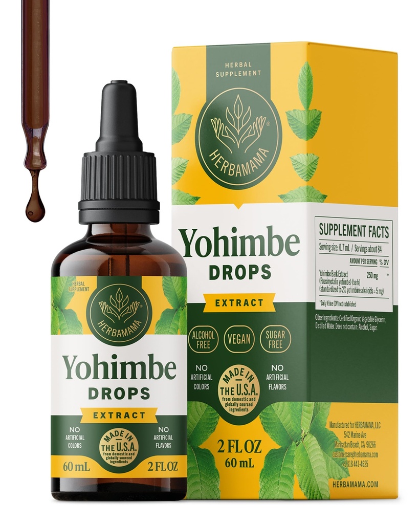 HERBAMAMA Yohimbe Supplements for Men & Women - Vegan General Support with Yohimbe Bark Extract - Non-GMO, Alkol & Sugar-Free Yohimbine Drops, 42-Day Supply