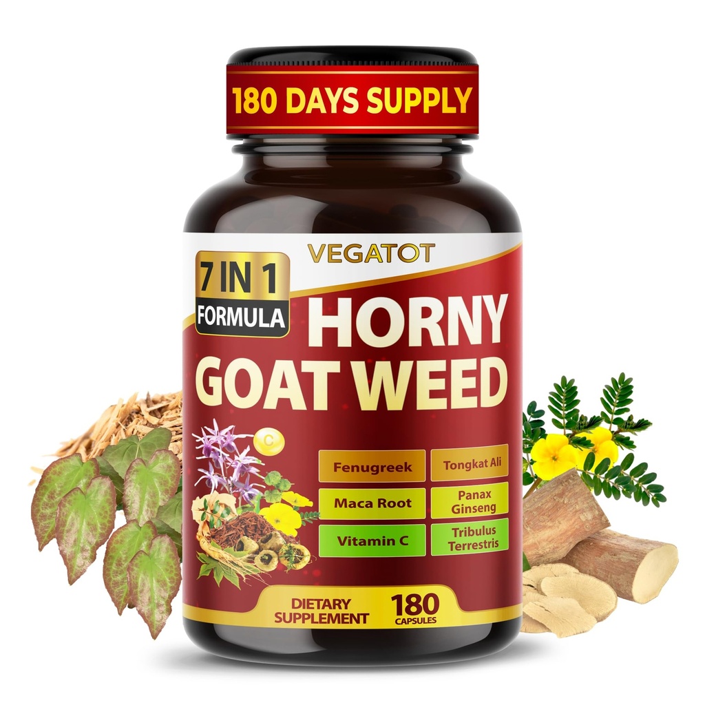 Horny Goat, Yohimbine, Tongkat Ali, Maca, Tribulus & Panax BTC - 8-in-1 Strength & Vitality Support – 180 Capsules – Vegatot – Gluten-Free, Lab TY