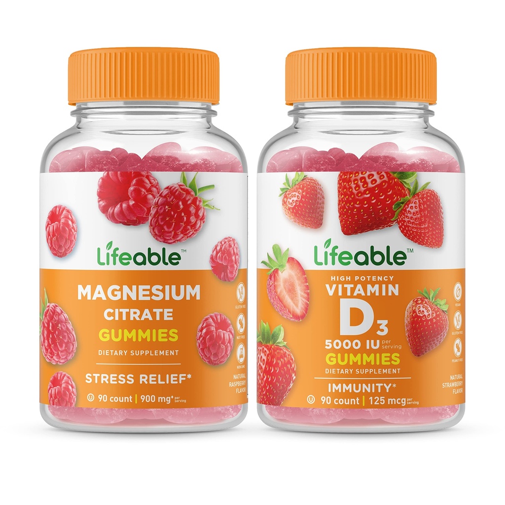 Lifeable Magnezyum + Vitamin D 5000 IU, Gummies Sche - Great Tasting, Vitamin Supplement, Gluten Free, GMO Free, Chewable Gummy Gummy