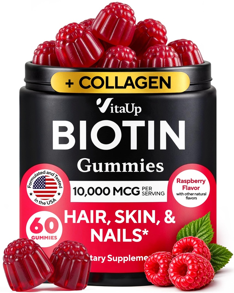 VitaUp Biotin Gummies 10000mcg for Women and Men - Extra Strength Hair, Skin and Nails Gummies with Collagen - Natural Biotin Gummy Supplement for Hair, Skin, Nails Support - 60 ct