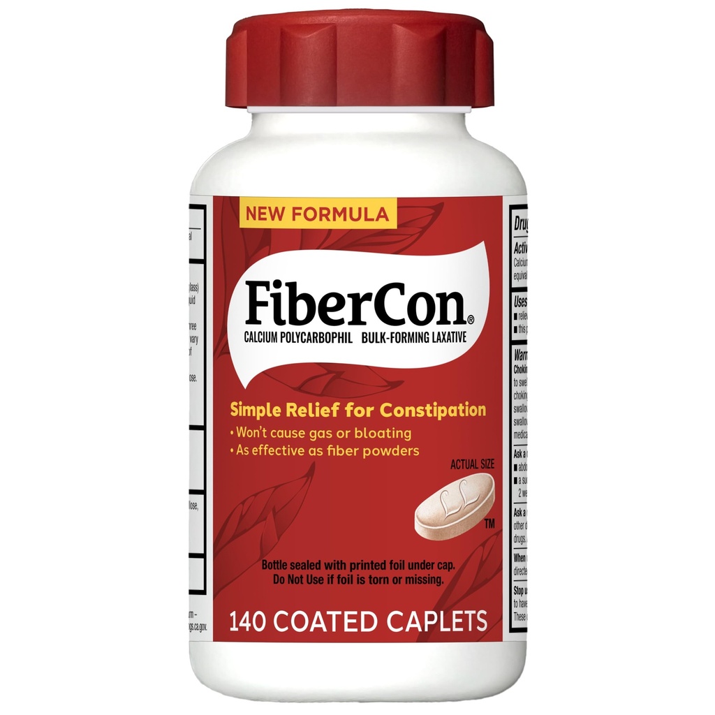 FiberCon Fiber Therapy Coated Caplets, Safe, Simple & Comfortable Insoluble Fiber Product for Bowel Irregularity, Occasional Constipation Relief With No Gas or Bloating, 140 Caplets