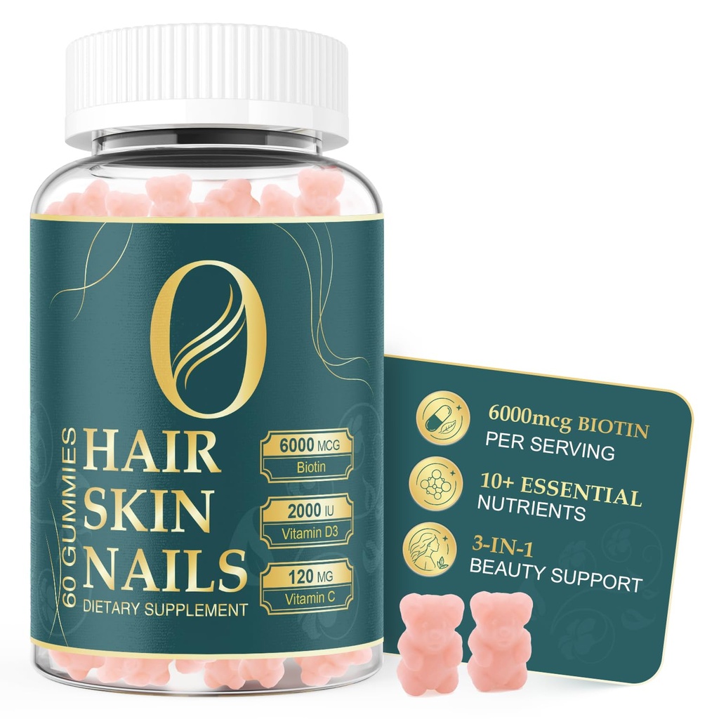 Hair Skin and Nails Vitamins for Women - 6000mcg Biotin Gummies, Vegan Beauty Supplement for Healthy Hair, Glowing Skin & Stronger Nails, Daily Beauty Vitamins, 30-Day Supply, 60 Count
