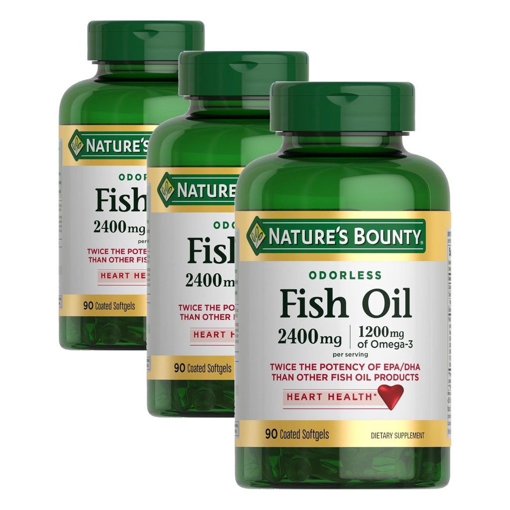 Nature's Bounty Odorless Fish Oil, 1200 mg Omega-3 in Service Including EPA & DHA, Supports Heart Health, Purified to Eliminate Mercury,Coated Softgels,Gluten Free,No Shellfish, 90 Count, (Pack of 3)