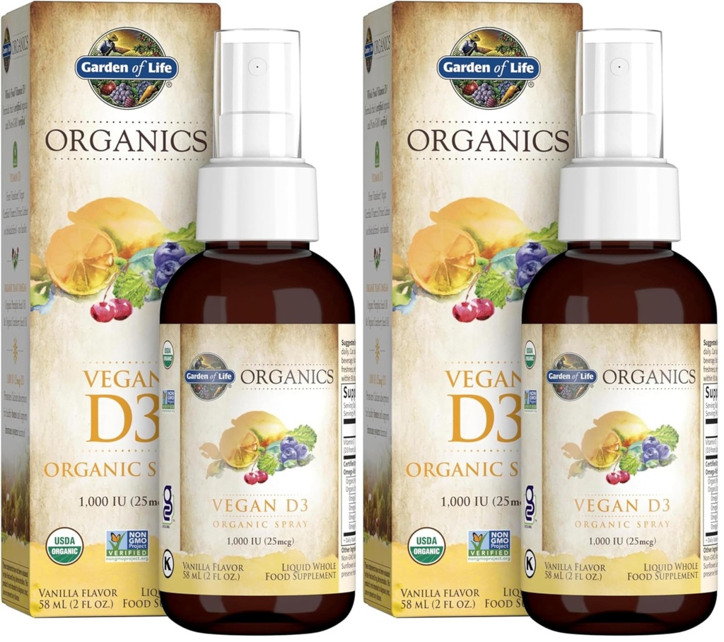 Garden of Life Organics Vegan Vitamin D3 for Women and Men,Liquid 1000 IU Per Spray,D3 Plus Omegas - Vanilla Flavor - 125 Servings - 2fl oz Liquid Whole Food Vitamin Supplement,(Pack of 2)