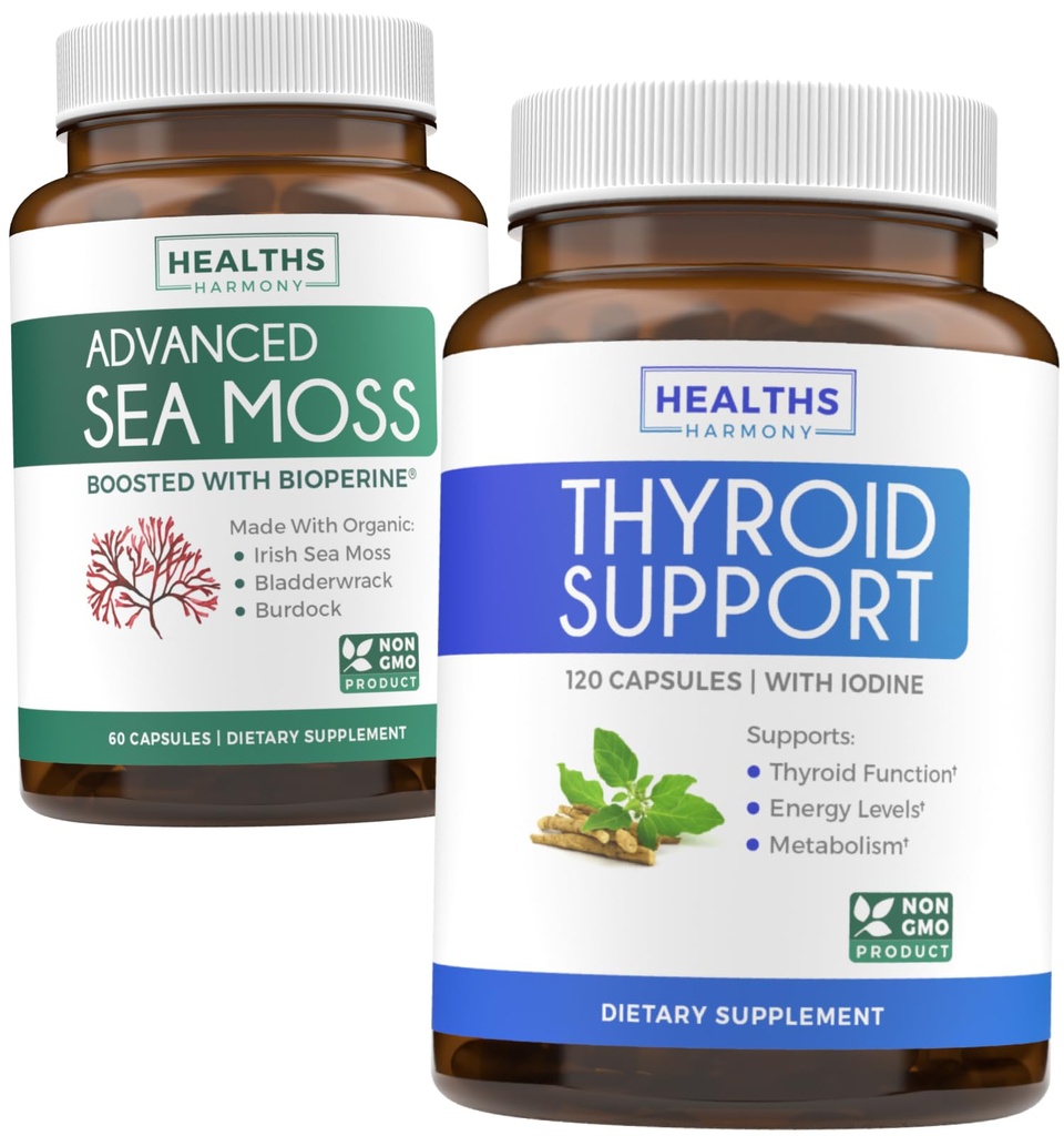 Tiroid Desteği ve Deniz Moss'un Tanıtımı - Deniz Moss Tiroid Bakım Paketi - Iodine (120 Caps) ve İrlandalı Deniz Moss Capsules - Raw Vegan Supplement with BioPerine (Non-GMO & Organik)