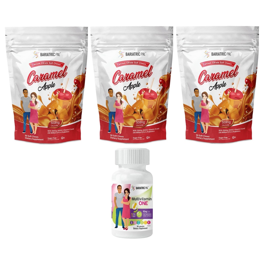BariatrikPal 90 günlük Bariatrik Vitamini (Günde BİR 1 Vitamini) 45 mg Demir ve Kalsiyum Citrate Soft Chews 500 mg Probiyotiks - Caramel Apple)