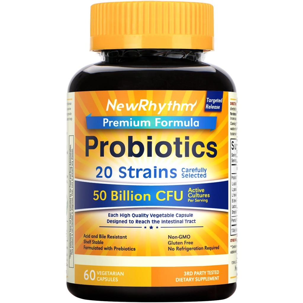 NewRhythm Probiyotiks 50 Milyar CFU 20 Strains, 60 Veggie Capsules, Hedefli Yayın Teknolojisi, Stomach Asite Dayanıklı, Soğutmaya İhtiyacı Yok, Gluten Free