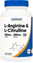 Nutricost L-Arginine L-Citrulline Kompleksi 750 mg, 120 Capsules - Non-GMO
