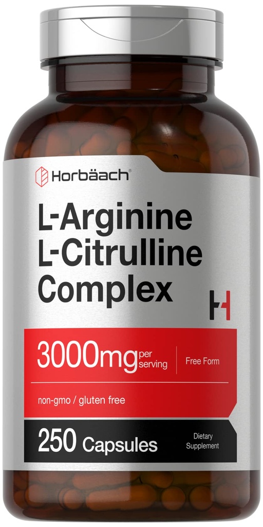 Horbäach L-Arginine L-Citrulline Kompleksi | 3000 mg | 250 Capsules | Non-GMO, Gluten Free Supplement Supplement Supplement Supplement