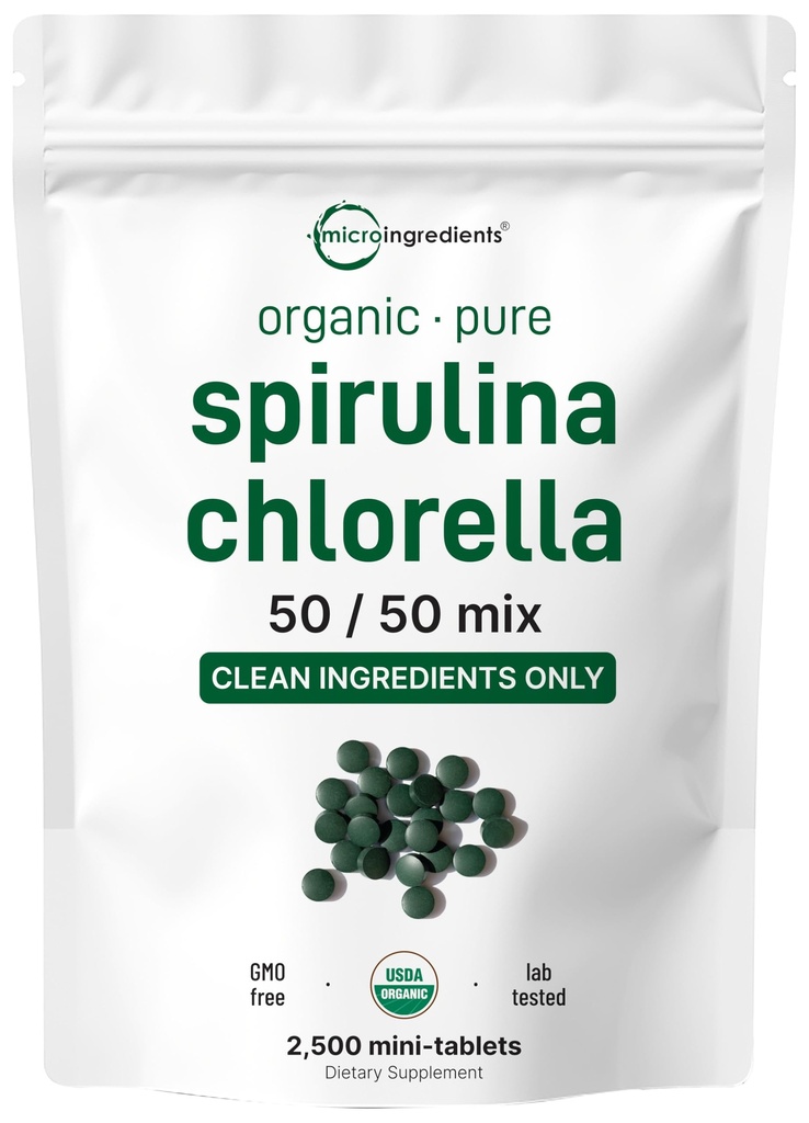 Mikro Malzemeler Organik Spirulina Chlorella Mini Tabletler, 2500 Tablet (8 Ay Supply) | 50/50 Mix Superfood | Cracked Hücre Duvarı Daha İyi Absorpsiyon | Vegan & Chlorophyll