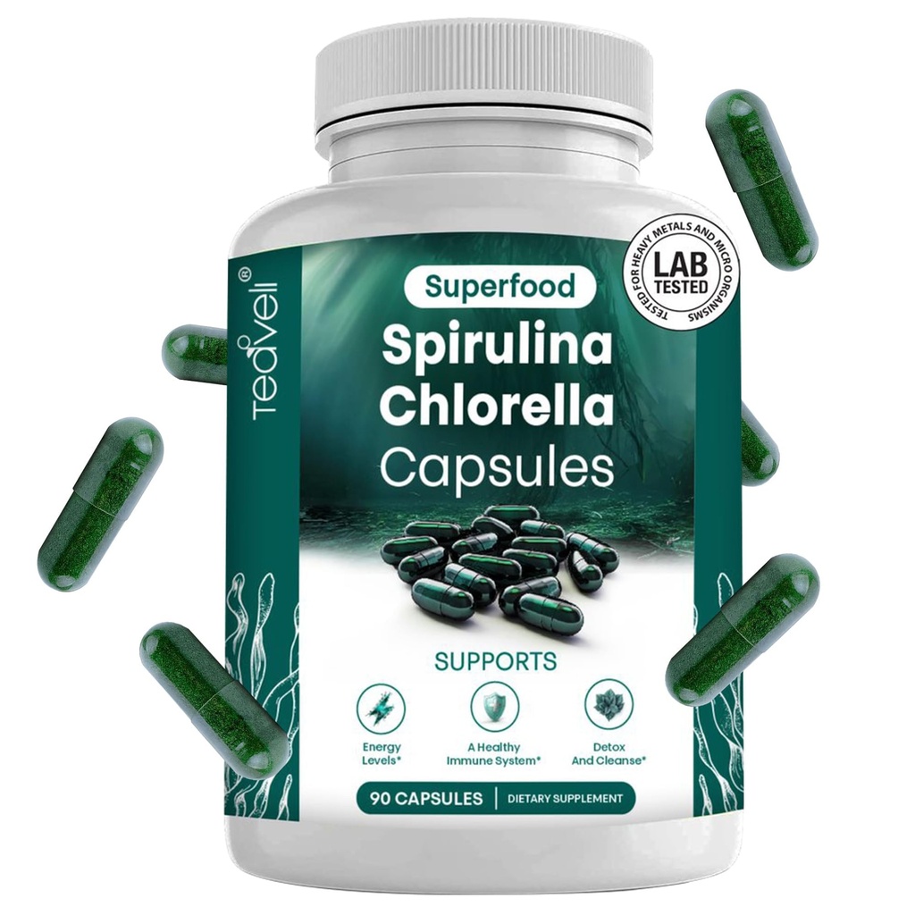 Spirulina ve Chlorella Capsules – Chlorophyll Pills & Blue Green Algae Güçlü Detox, Enerji & Sağlıklı Immune Sistemi – 3X More Chlorella Spirulina Toz/Serving – 90 Ct