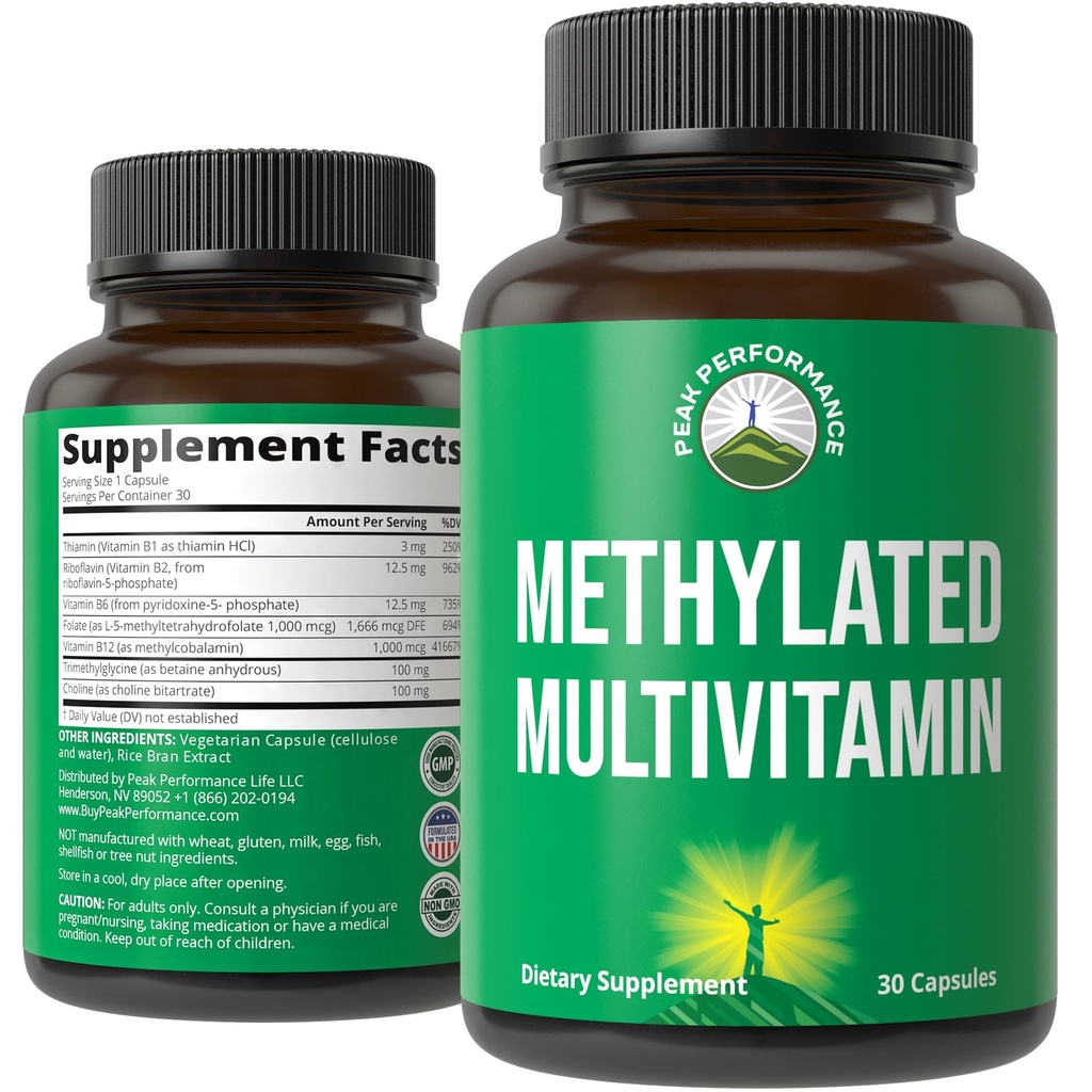 Metilated Multivitamin + Metilated B Complex Supplement. Tritilglycine (TMG), L Metilfolate, Torch B12 + B1 + B2 + B6 Vitaminleri + Choline. Kadınlar ve Erkekler için MTHFR Supplement. Vegan Capsules