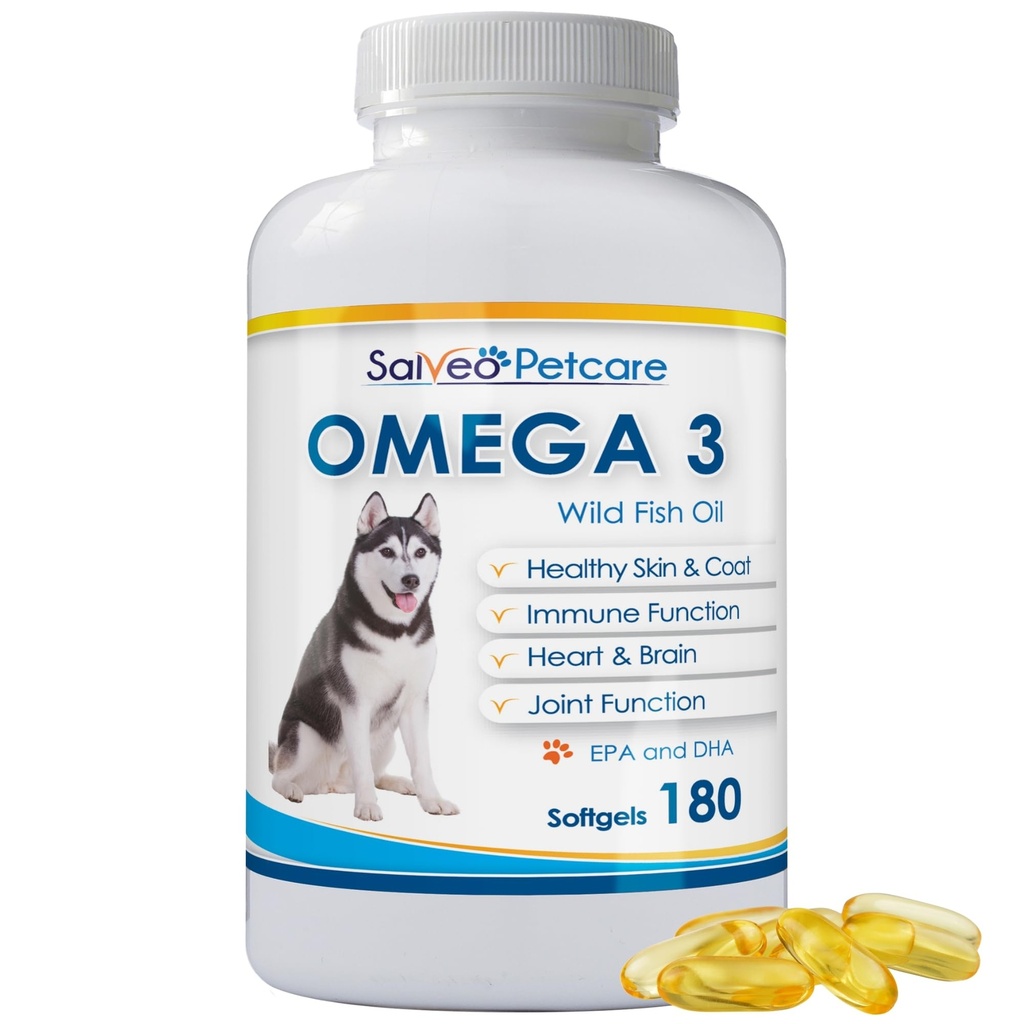 Omega 3 Fish Oil for Dogs - Natural Pet Supplement for Shiny Coat - Wild Caught More EPA & DHA Than Salmon Oil - 180 Capsules No Fishy Smell or Mess - Ideal for Medium Large Dogs