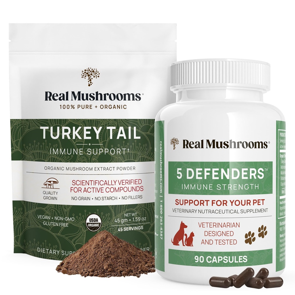 Real Mushrooms Turkey Tail Toz for Humans (45 Hizmet) & Türkiye Evcil hayvanlar için Tail (90ct) - Toz & Capsules Sche for Immune Support - Vegan, Non-GMO, T-Free, Gluten-Free, Gluten-Free