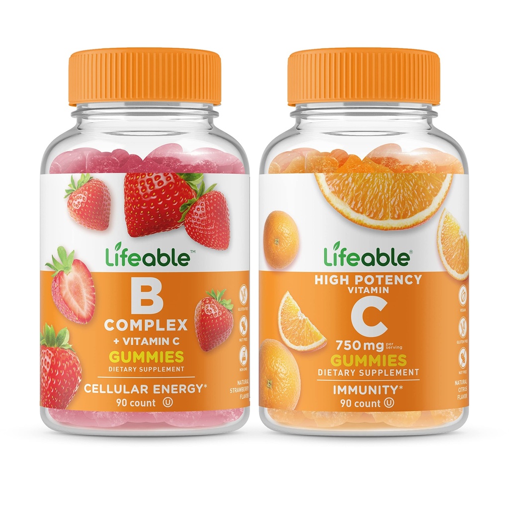 Lifeable B Complex + Vitamin C 750mg, Gummies Bundle - Great Tasting, Vitamin Supplement, Gluten Free, GMO Free, Chewable