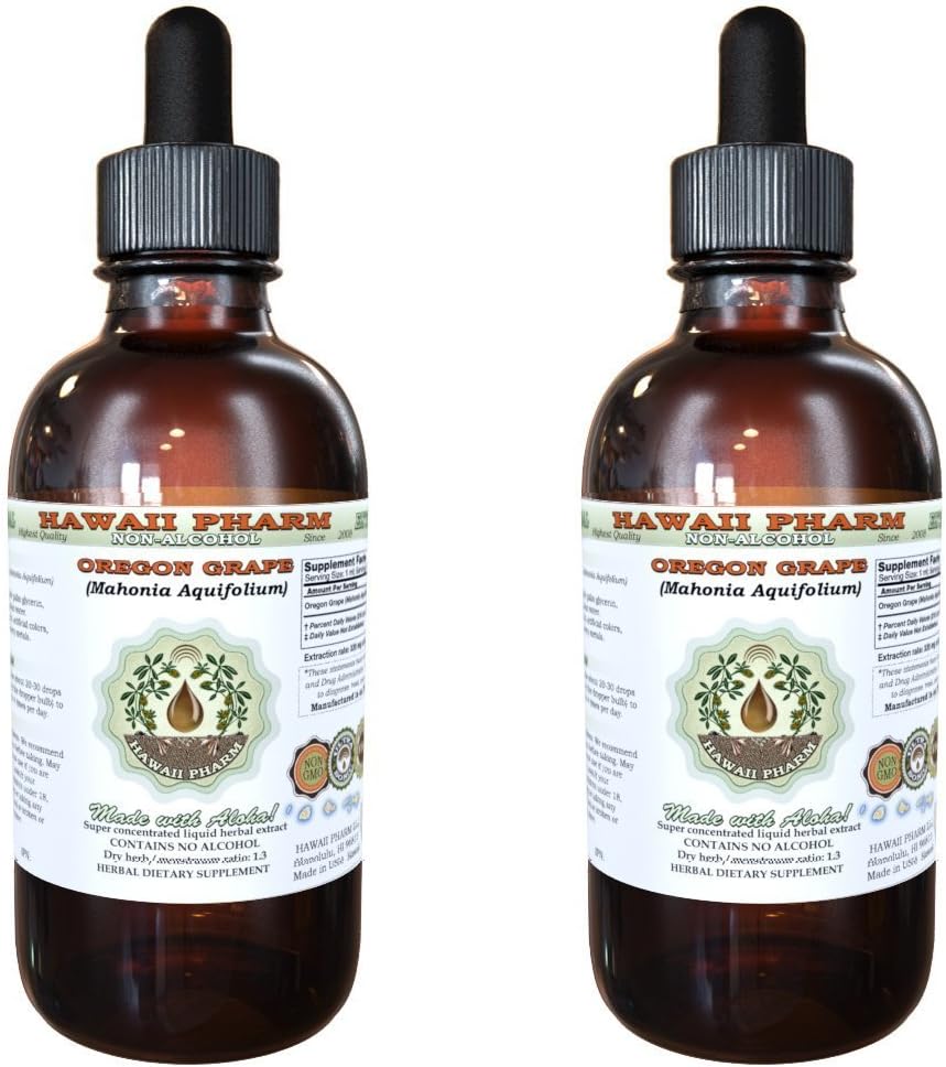Hawaii Pharm Oregon Grape Alkol Özgür Sıvı Ekstraksiyon, Oregon Grape (Mahonia aquifolium) Kuru Kök Glycerite Natural Herbal Supplement, USA 2x2 fl.oz