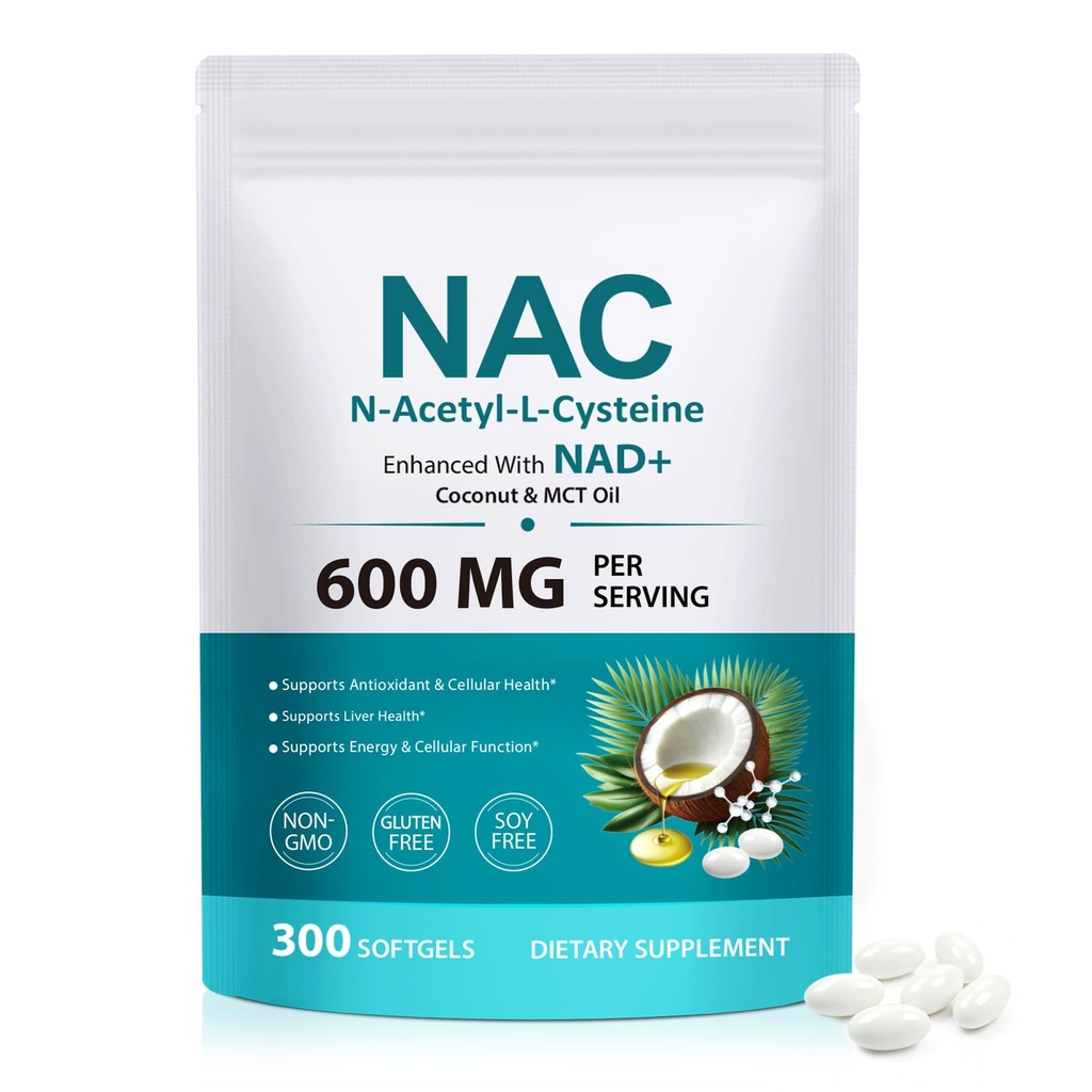 Frovetani NAC Supplement with NAD+, N-Acetyl L-Cysteine Softgels Infused with Coconut & MCT Oil, Supports Cellular Function & Antioxidant Defense, Non-GMO, Gluten-Free Formula, 300 Softgels