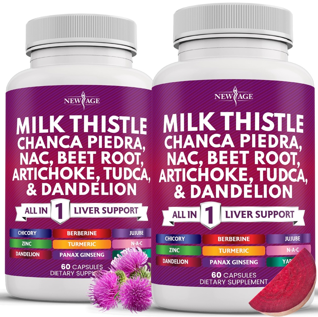 NEW AGE Milk Thistle NAC Chanca Piedra Beet Root Artichoke Dandelion Root Astragalus - Plus TUDCA & Ginger - Count 120