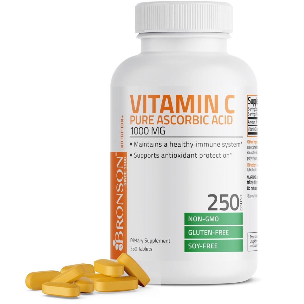 Bronson Vitamin C 1000mg Premium Non-GMO Ascorbic Acid Tablets, 250 Count