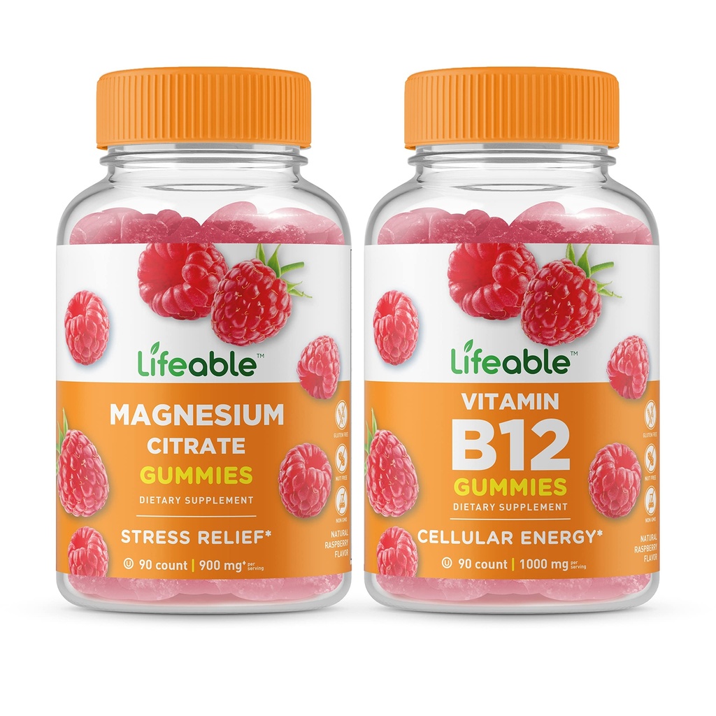 Lifeable Magnezyum + Vitamin B12, Gummies Sche - Great Tasting, Vitamin Supplement, Gluten Free, GMO Free, Chewable Gummy Gummy