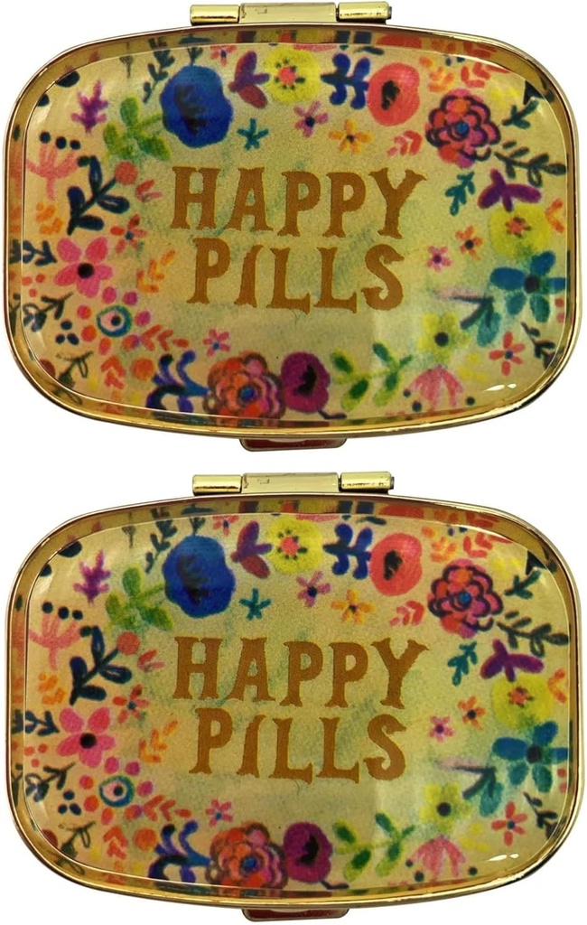 AmyZone Metal Pill Organizer Travel Friendly Portable Compact Pill Box Cute Pill Case to Hold Vitamins /Tylenol/Fish Oil /Supplements/Meds/Tablet for Purse/Pocket(Happy Pills 2 adet Ayna İçer)