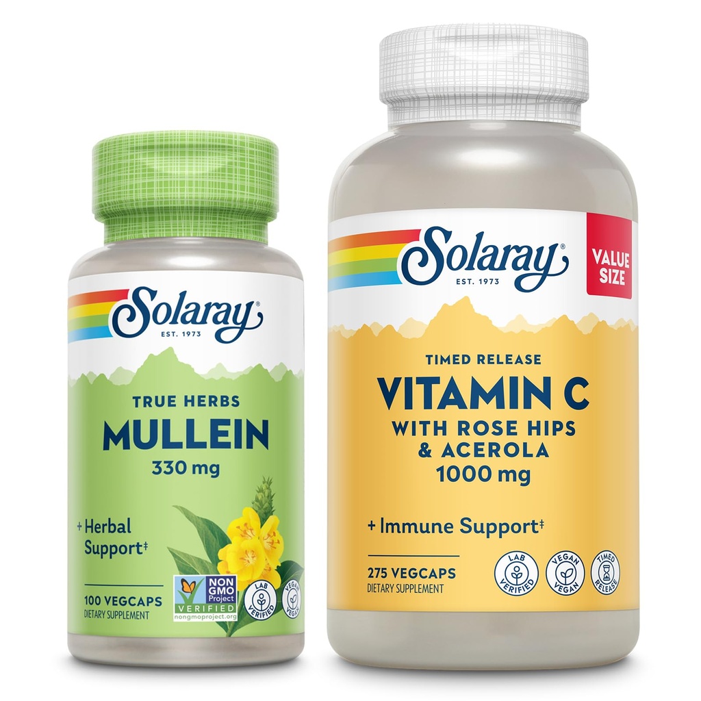 SOLARAY Vitamin C 1000 mg ve Mullein Leaf Wellness Paket - Zaman Yayınlama C Supplement ve Mullein Capsules, Geleneksel Olarak Wellness Desteği için kullanılır - Vegan, 60 Gün Garantisi, 275/100 VegCaps