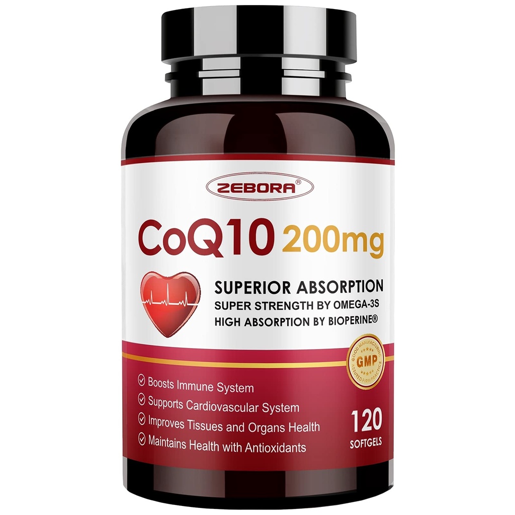 ZEBORA CoQ10-200mg-Softgels with PQQ, BioPerine & Omega-3, 120 Servings Coenzyme Q10(Ubiquinone) Supplement for High-Absorption, Powerful-Antioxidant, Support Heart & Energy-Production