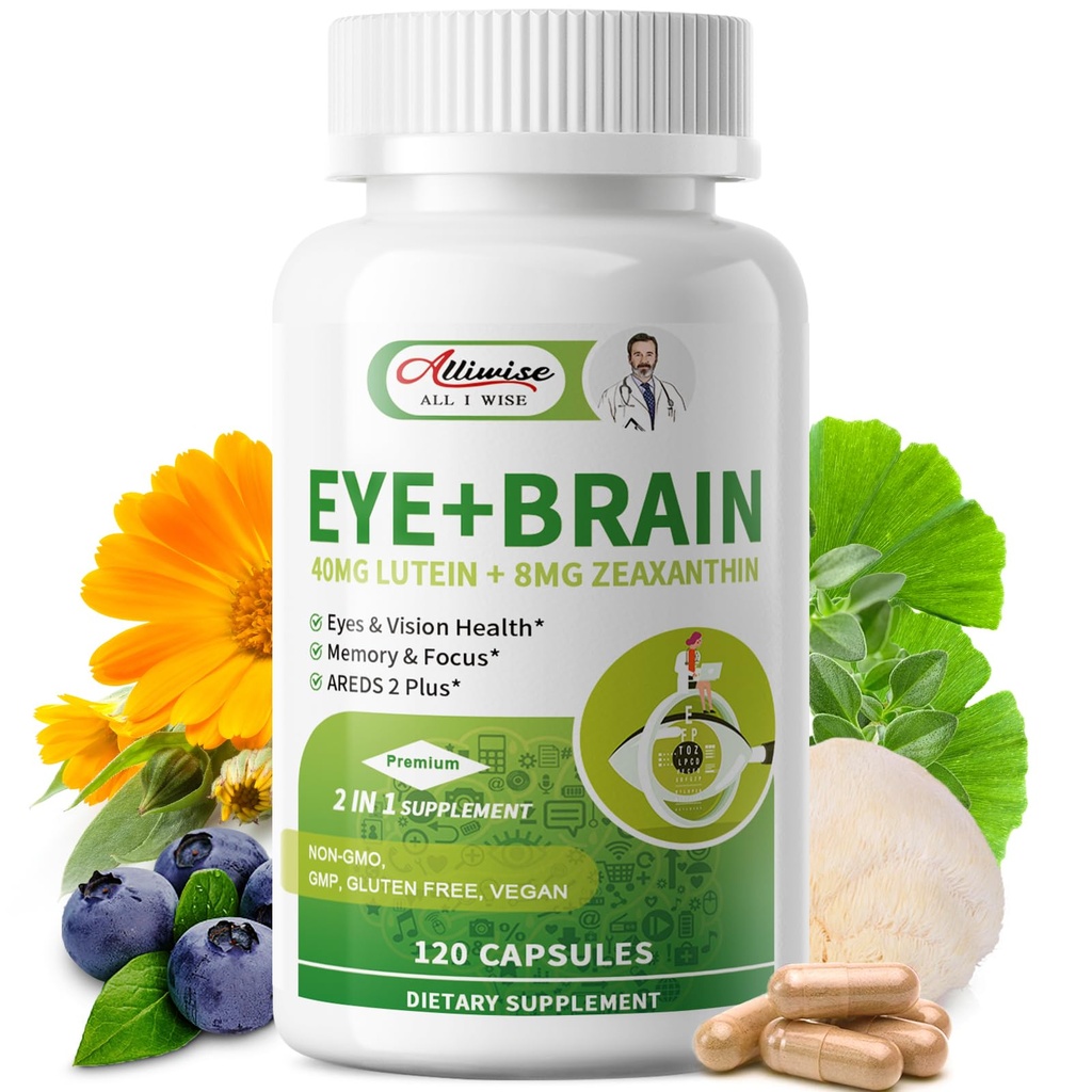 Eye + Brain Supplements for Memory and Focus, Lutein 40 mg, Zeaxanthin, Astaxanthin, Bilberry, Lion's Mane, Bacopa Monnieri, Ginkgo Biloba, 1 Eye Vitamins for Yetişkinler & Seniors 120 Capsules