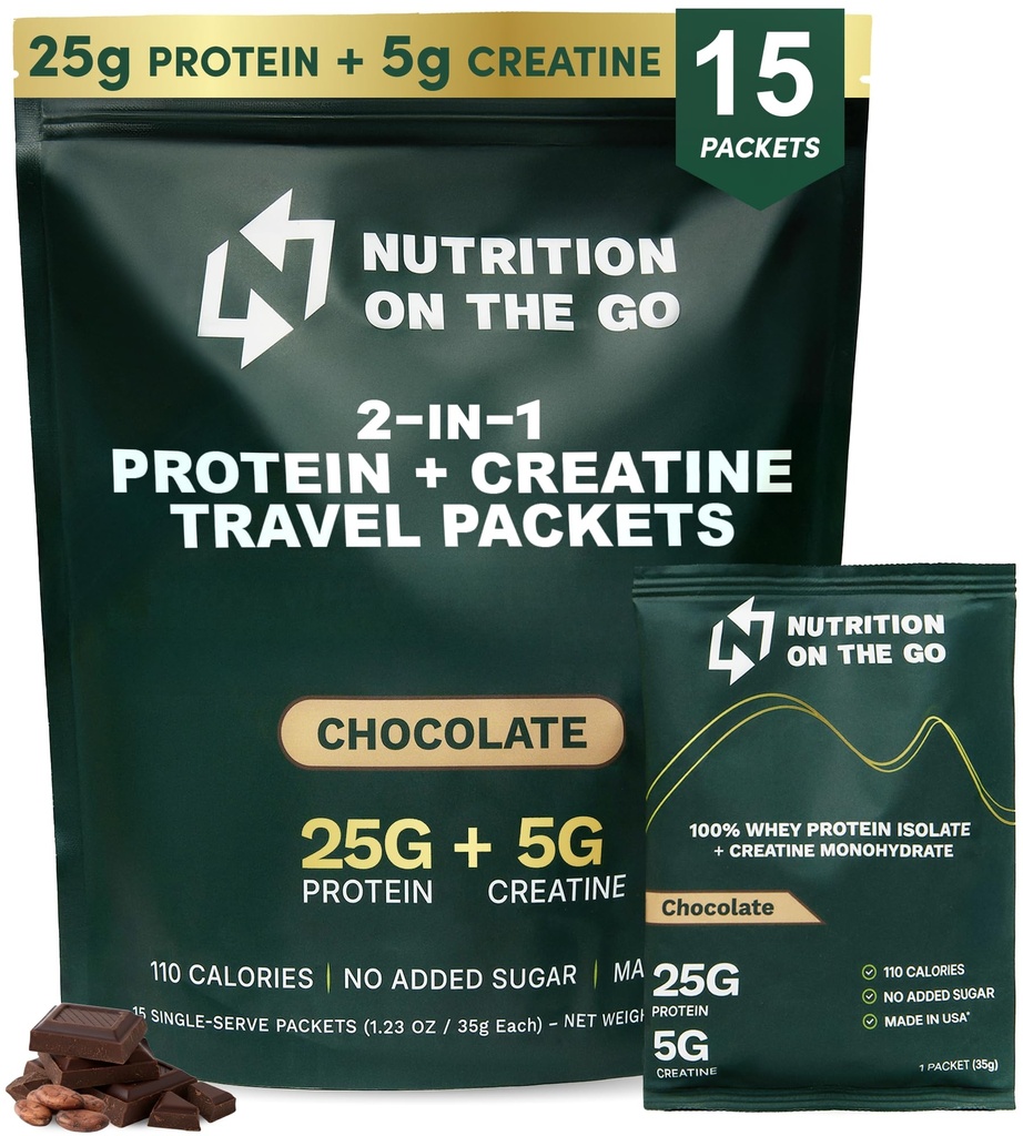 Go Whey proteini, 25g proteini + 5g Kretine - Single-Serve Travel Protein Toz - 5.9g BCAAs, Keto & Low-Carb, Gluten-Free Chocolate - (15-Pack)