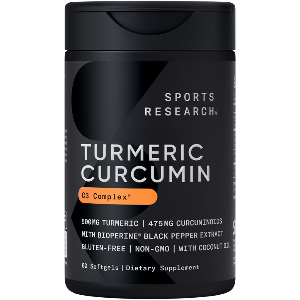 Sports Research® Turmeric Curcumin C3 Complex® w/BioPerine Black Pepper Extract & Organic Coconut Oil - Standardized 95% Curcuminoids · Non-GMO · Gluten Free - 60 Count Softgels
