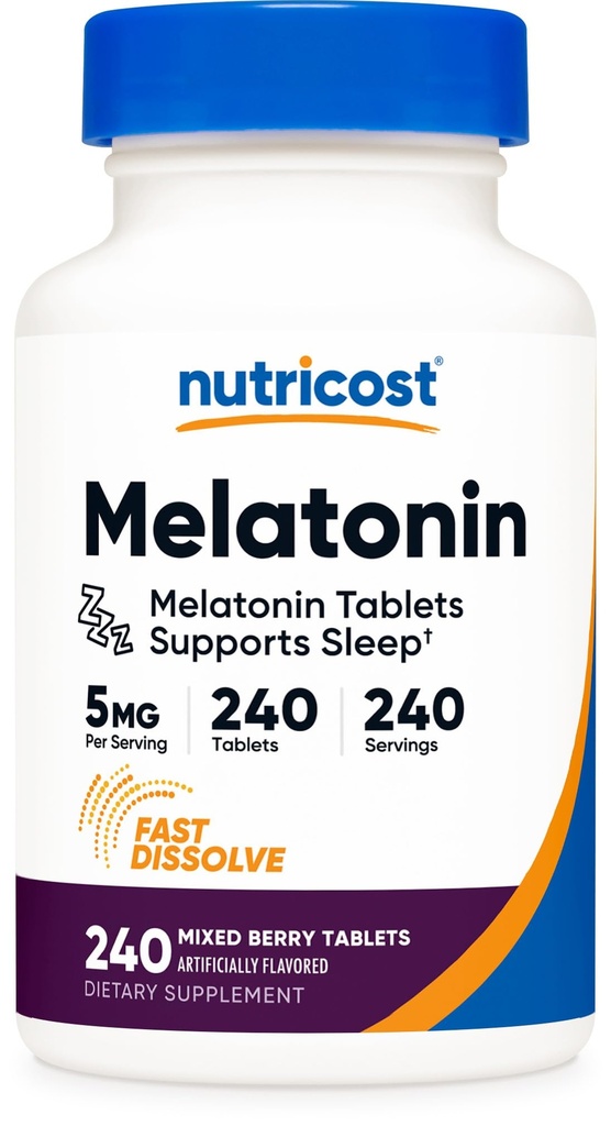 Nutricost Melatonin 5 mg, 240 Hızlı Dissolve Tabletleri (Mixed Berry Flavor) - Non-GMO, Gluten Free