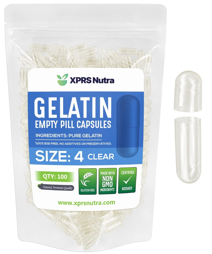 XPRS Nutra Boyutu 4 Boş Kapsüller - 100 Kont Küçük Clear Boş Gelatin Capsules - Pills DIY Capsule - Sağlam Bovine Pill Gel Caps For Do-It- Yourself Supplements