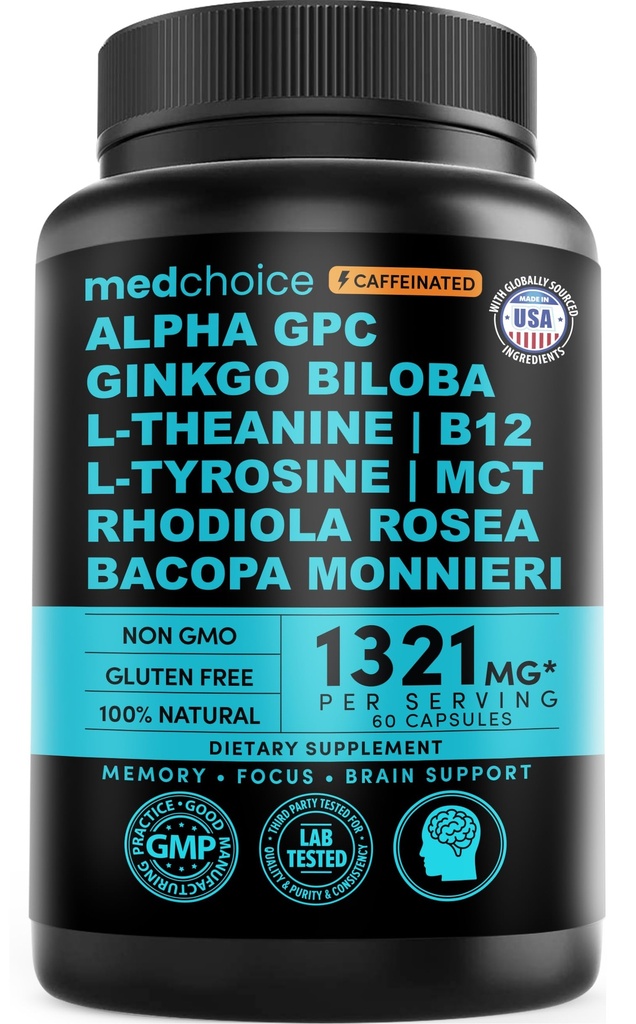 12in-1 Nootropic Brain Supplement with Caffeine Anhidrus: Ginkgo Biloba for Brain Support, Memory and Focus - B12, Alpha GPC, L Theanine ve Choline Supplements with Bioperine with 1321 mg (60ct)