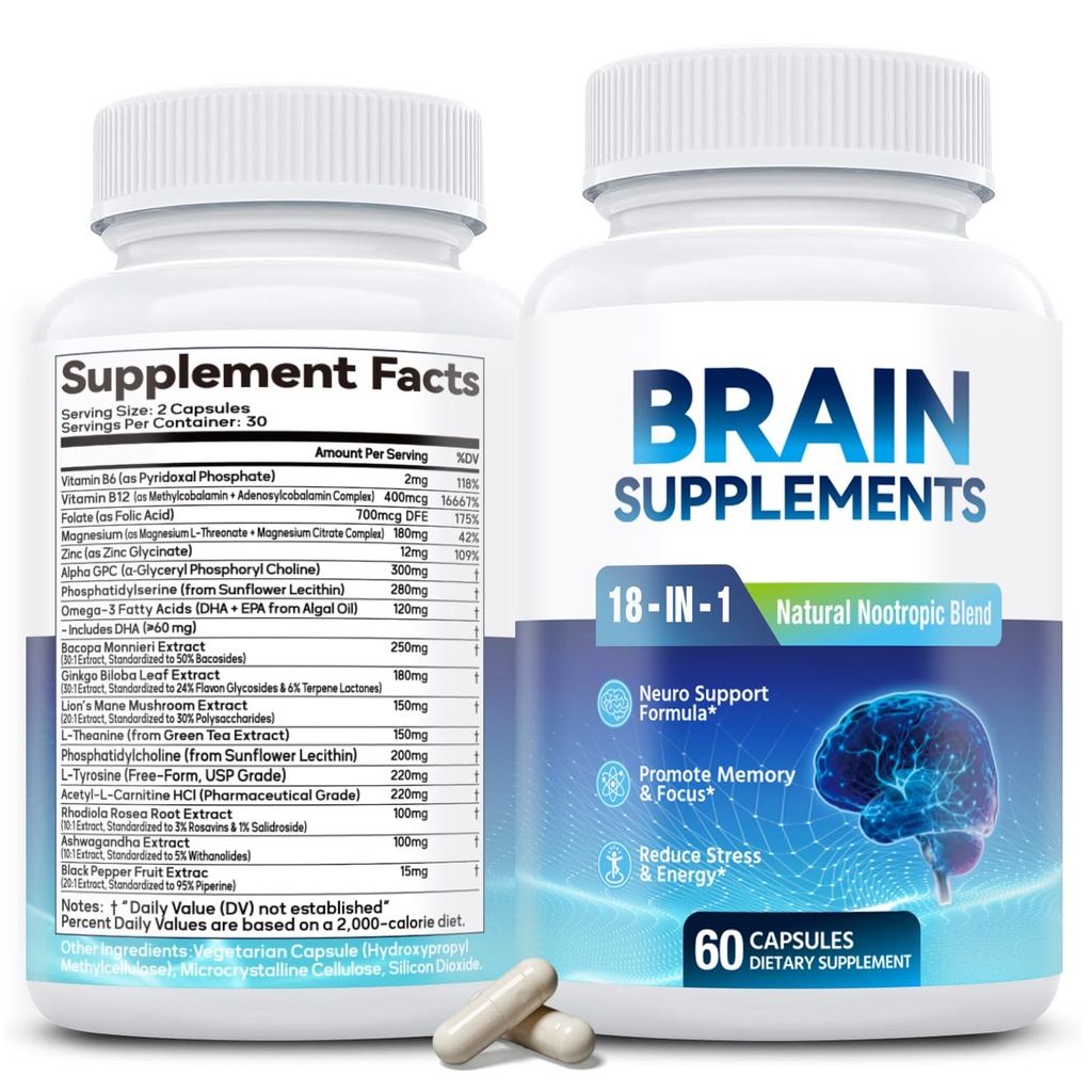 18-in-1 Memory ve Focus için Beyin Tamamı - Alfa GPC, Bacopa, Ginkgo Biloba, Lion's Mane, B6 & B12 | Bilişsel Sağlık, Ruh Clarity | Vegan, Non-GMO