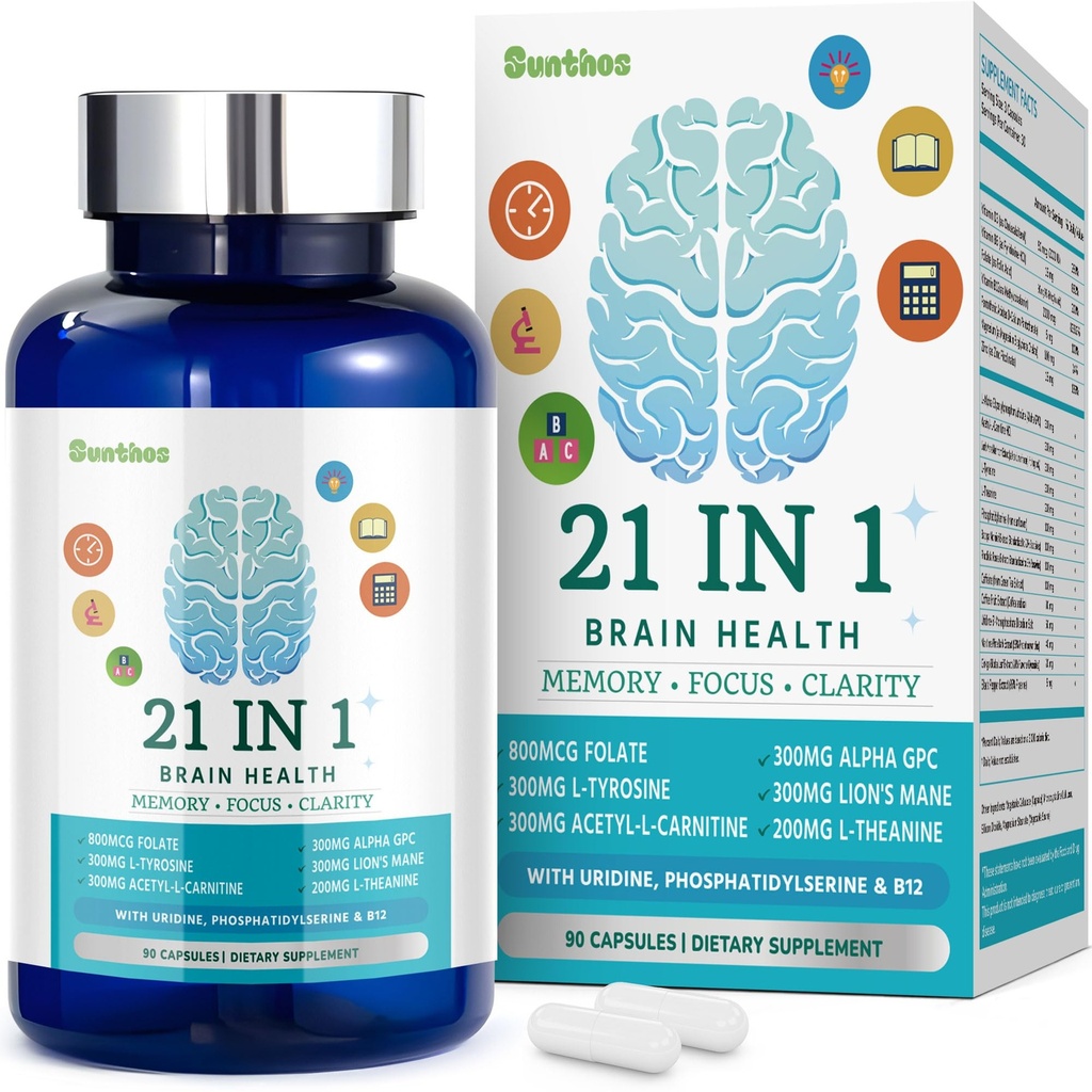 Memory ve Focus için beyin Supplements, 21-in-1 Brain Supplement for mental Alertness, 300 mg Alpha-GPC, 300 mg Lion's Mane, L-Theanine, Phosphatidylserine, Vitamins B6 B12, 90 Capsules