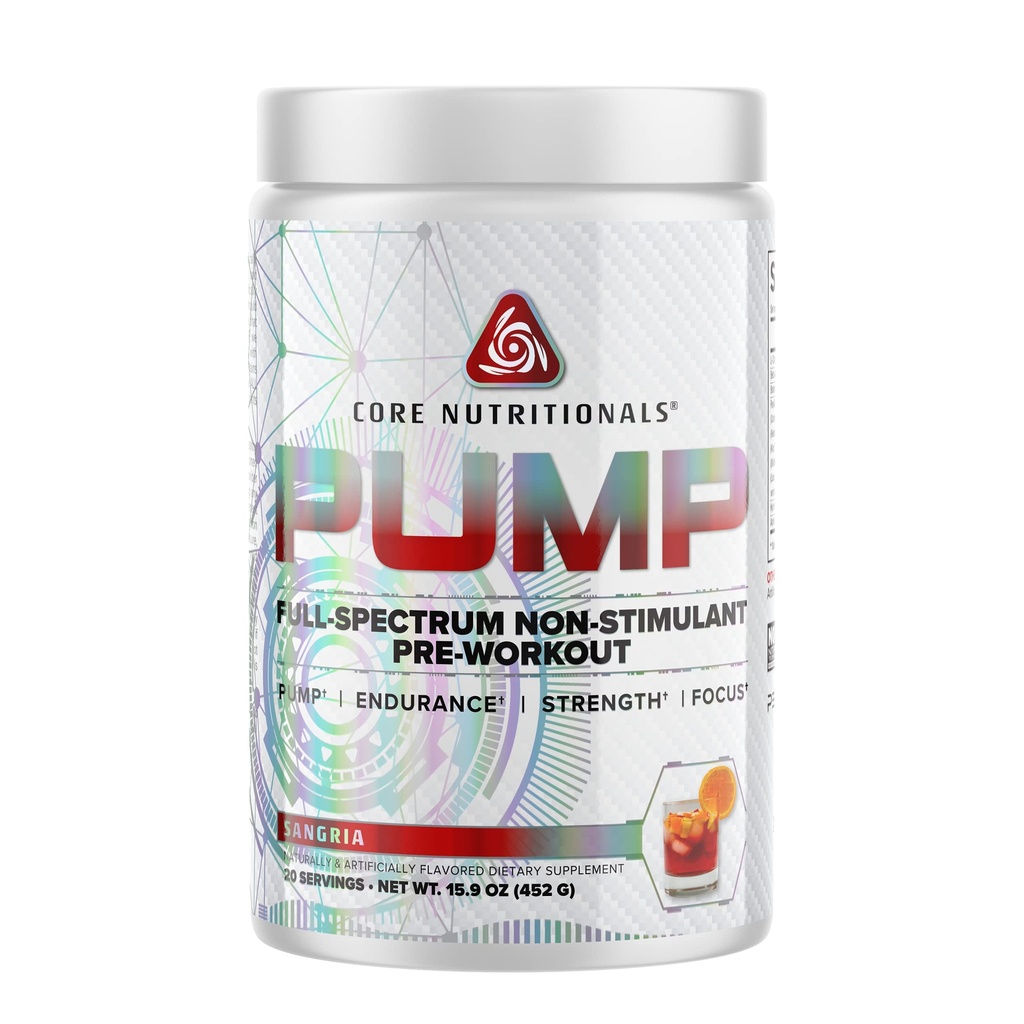 Core Nutritionals Pump Full-Spectrum Non-Stimulant Pre-Workout, with N03T Nitrate, Peak02, Alpha GPC, for Maximum Pump, Strength, and Performance 20 Servings (Sangria)