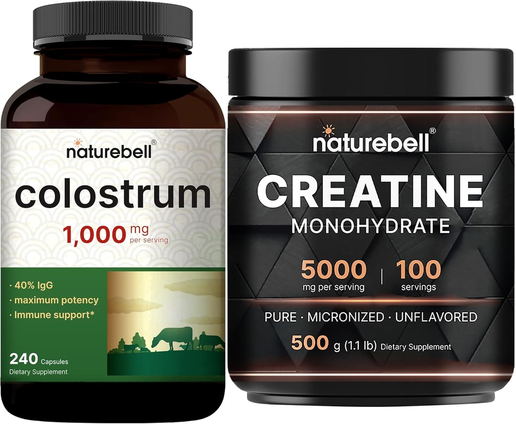 NatureBell Kretine Monohidrat Toz & Colostrum 240 Capsules 1000 mg Per Arama Paketi | Yüksek Abhidrasyon Mikronized Krene | Mother's First Milk from Grass Fed Bovine