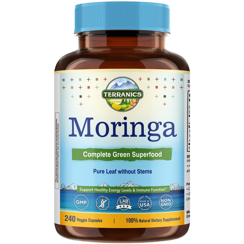 Terranics Moringa Capsules, Pure Moringa Oleifera Leaf Powder, Energy, Skin, Immune Health, Non GMO, No Gluten, Natural Green Superfood Supplement, 240 Vegan Caps