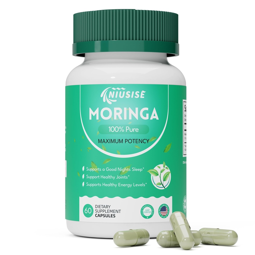 NIUSISE Moringa Powder Capsules, Organic Supplement 800mg Green Superfood from Moringa Leaf, Super Supplement Supports for Energy, Gut & Skin Health, Essential Vitamins, Vegan - 60 Capsules