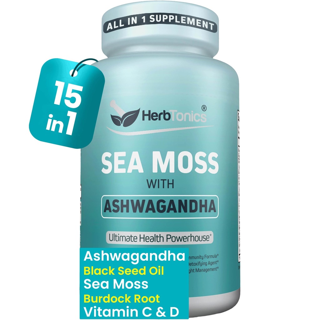 Herbtonics Sea Moss, Black Seed Oil, Ashwagandha, Burdock Root & ACV Kompleksi | Boost Immunity, Reduce Stress, Support Digestion | All-in-One SeaMos Capsules | 60 Capsules