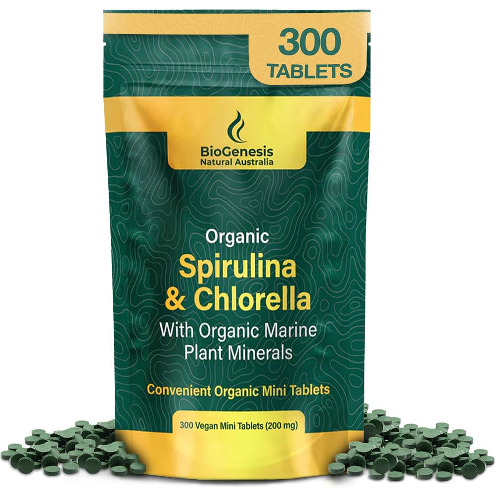 Biogenesis Organik Spirulina, Chlorella & Marine Plant Minerals – 300 Kont (200 mg) | Avustralya Grown Algae Superfood | Destek Enerji & Immunity | Vegan Mini Tabletler