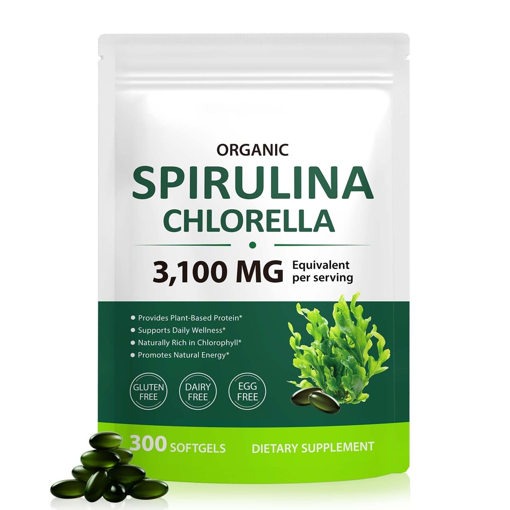 Tiuedu Spirulina Chlorella Softgels 300 Capsules, 17 in 1 Green Nutrient Mix Spirulina Chlorella Softgels,Rich in Plant Protein, Vitaminler, Chlorophyll, Easy to Take Softgel