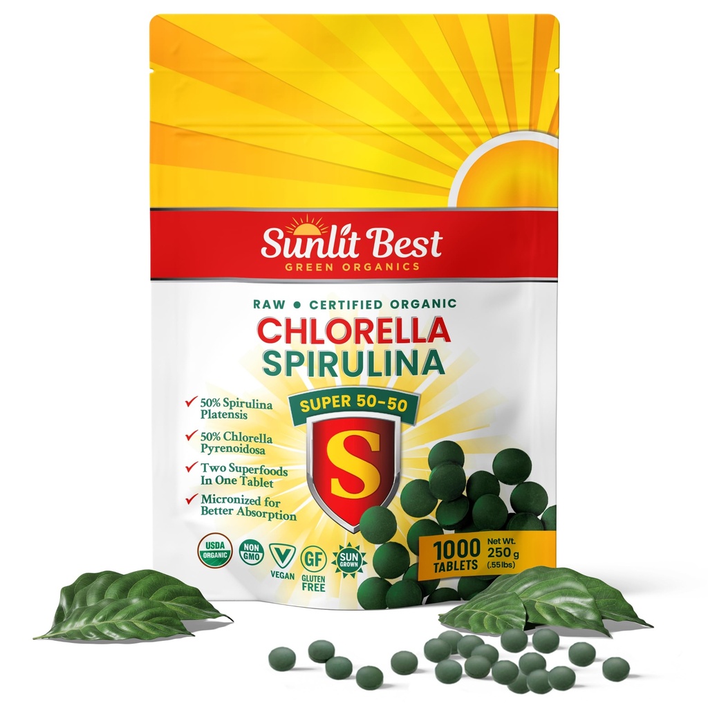 Sunlit Super 50/50 Organic Chlorella Spirulina Tablets - Super Greens Supplement for Immune Support, Gut Health, Mood & Energy - Rich in Chlorophyll, Amino Acids & Vegan Protein, 1000 Superfood Tabs