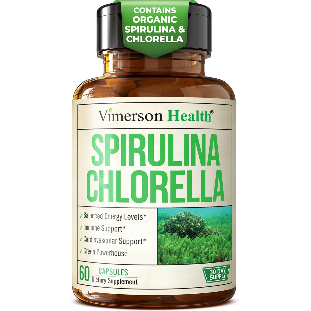 Organik Spirulina ve Chlorella Capsules - Spirulina Capsules with Chlorella Toz for Immune, Antioksi & Energy Support. Nutritious Super Green. Vegan & Non-GMO. Üçüncü Parti Test Edildi. 60 Caps