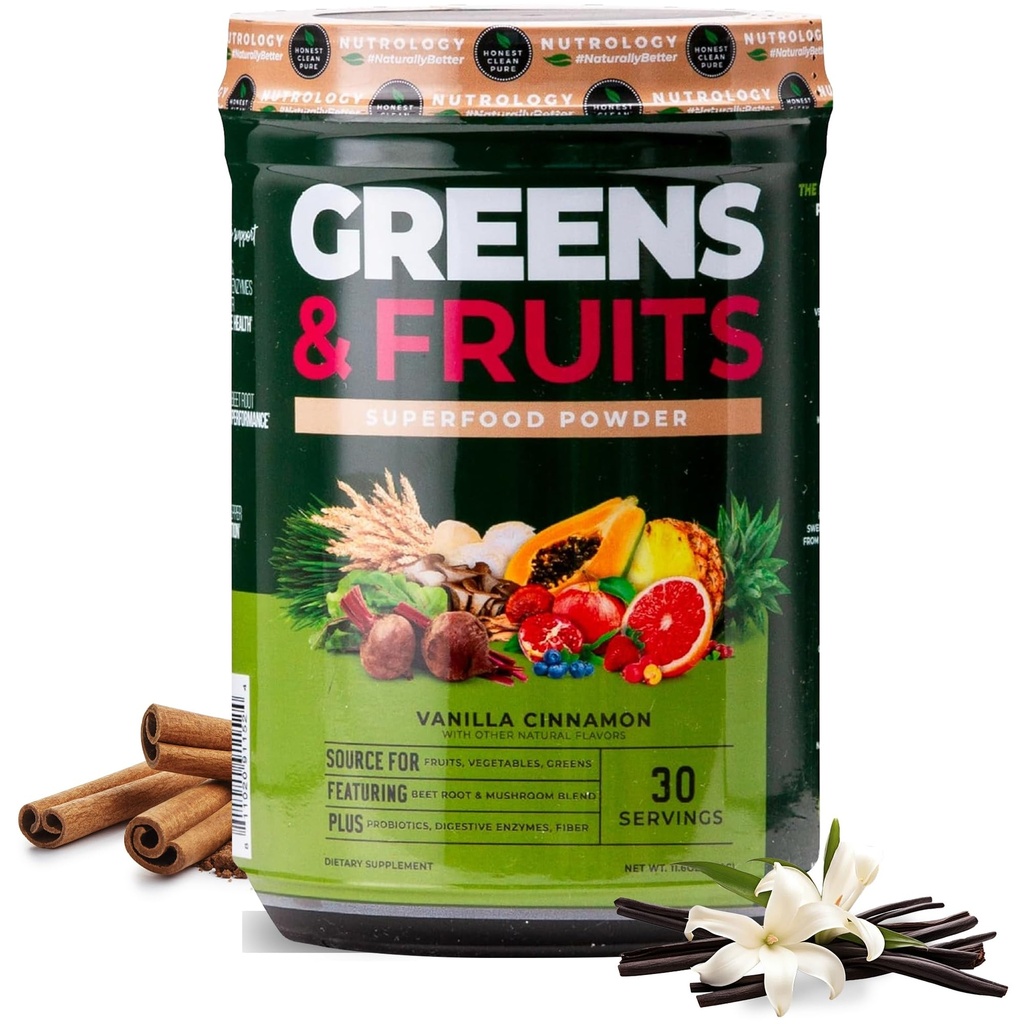 Nutrology Greens & Fruits Toz-Doly Sourced Superfood, Beet Toz, Mushroom Mix, Probiyotiks, Digestive Enzymes, Fiber, Antioksis, Immune Support, Gluten Free - Vanilla Cinnamon
