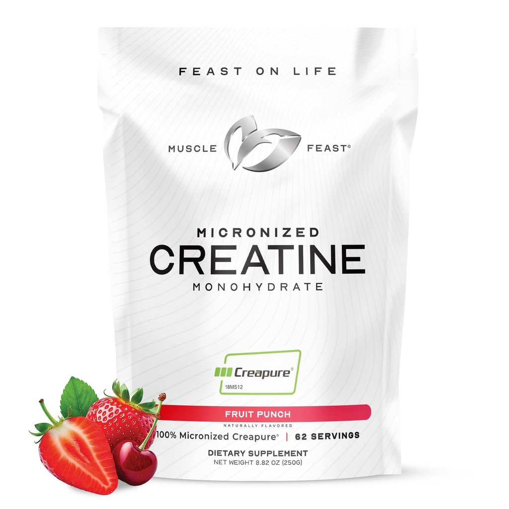Muscle Feast Creapure - Micronized Creatine Monohydrate Powder | Premium Pre-Workout or Post-Workout | Flavored Creatine for Women & Men | Easy to Mix, Gluten-Free, Safe and Pure, (Fruit Punch, 250g)
