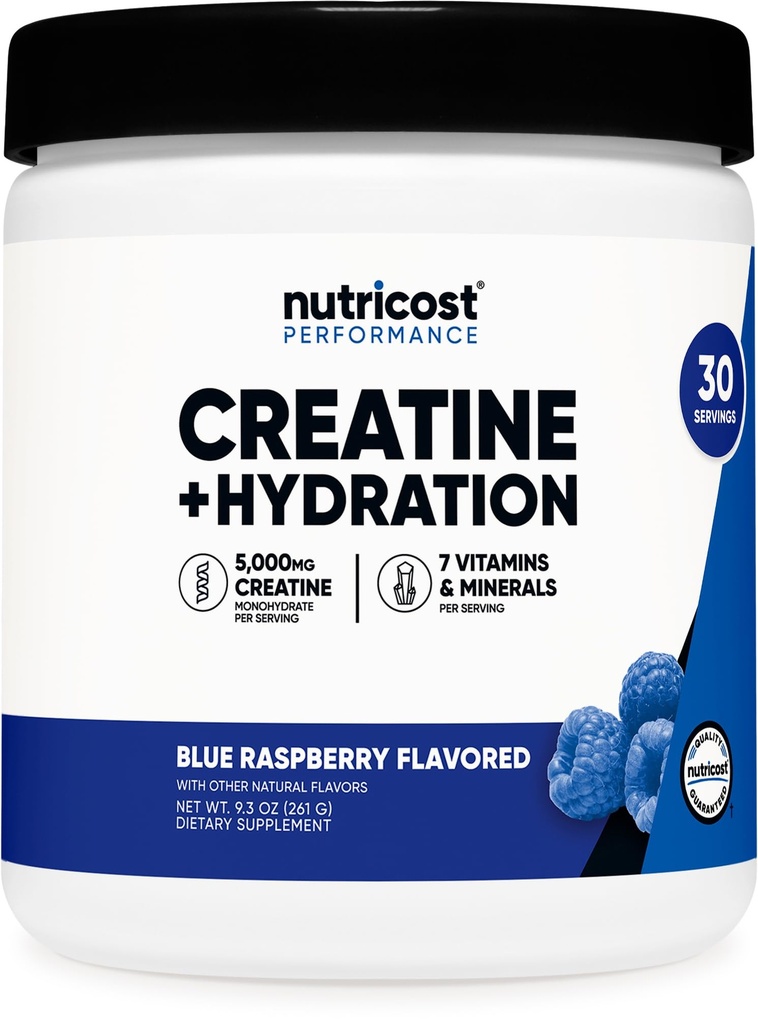 Nutricost Tinatine Monohidrat + Hydration Blue Raspberry Flavored (30 Hizmet) - 7 Vitamin & Minerals, 5000 mg of Kretine Per