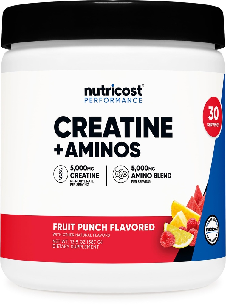 Nutricost Kretine + Aminos 30 Hizmetler (Fruit Punch Flavored) - 5000 mg Kretine Monohidrat + 5000 mg Plütine Monohidrat + 5000 mg Amino BCAA